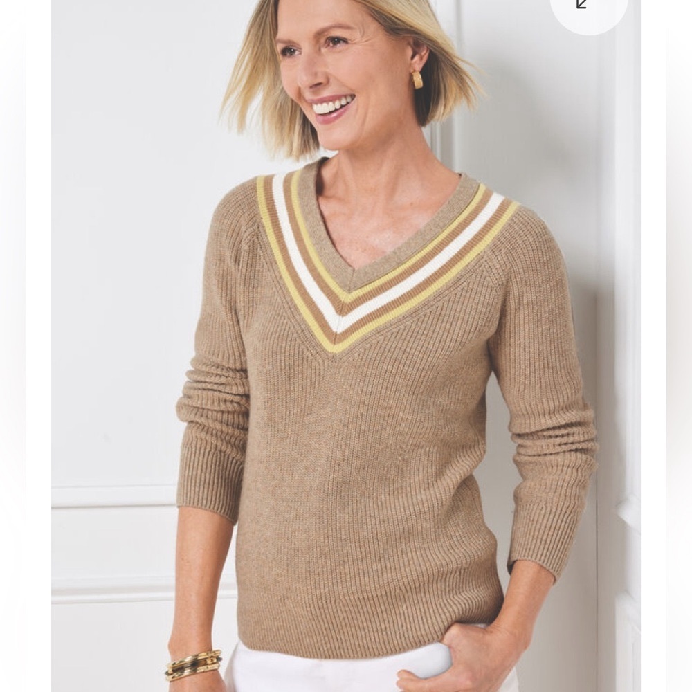 Talbots V-Neck Sweater Collegiate Academia Cotton Blend Preppy Tan Yellow Sz L
